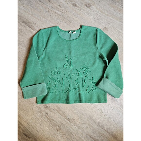 Moth by Antropologie Kelly Green Floral Embossed Cuff Sleeve Cropped Sweater M - Picture 2 of 8